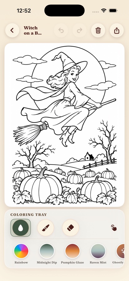 Coloring editor showing a witch flying over a pumpkin field