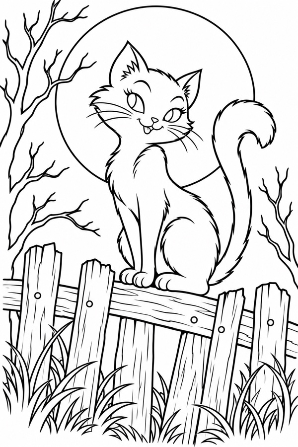 Black cat resting on a fence beneath a crescent moon
