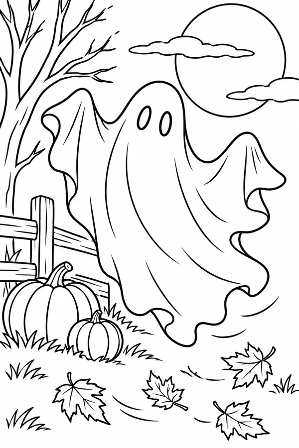 A friendly ghost floating through a vintage Halloween scene