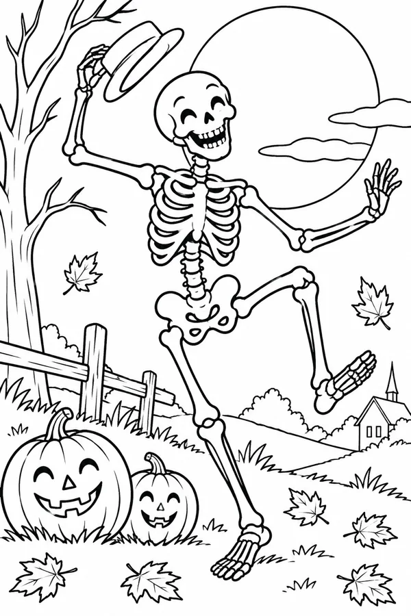 A cheerful skeleton dancing in a top hat beside pumpkins beneath a full moon