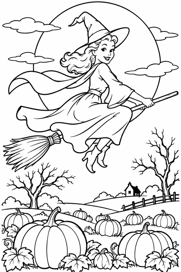 Vintage witch flying over a pumpkin field on a broomstick