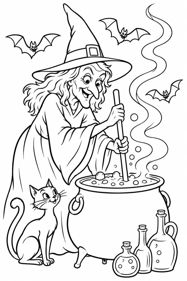 Vintage witch stirring a bubbling cauldron with a cat nearby