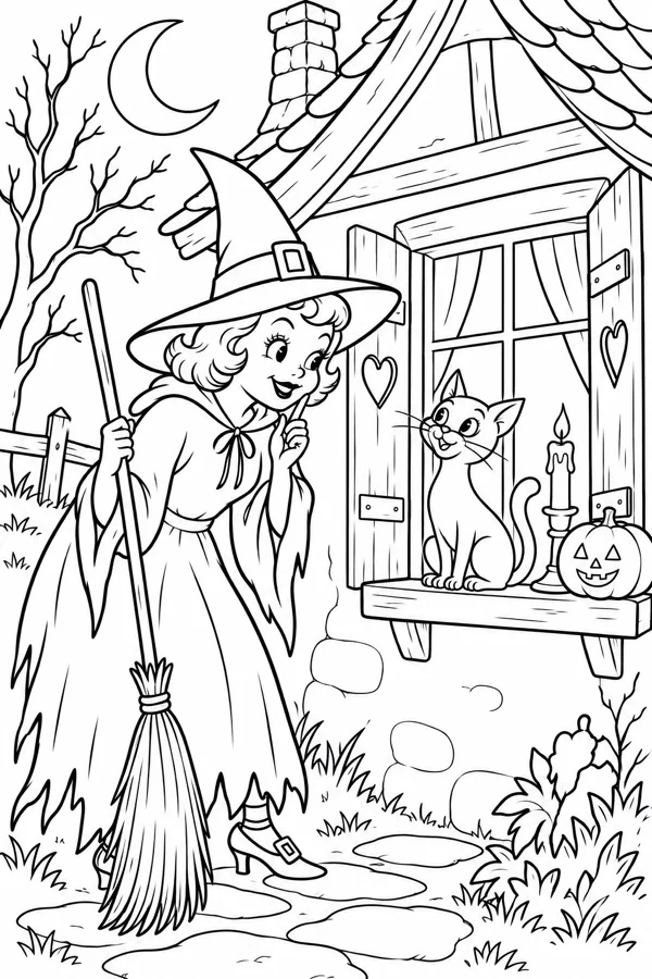 Young witch outside a cottage with a cat and broom in a vintage Halloween illustration